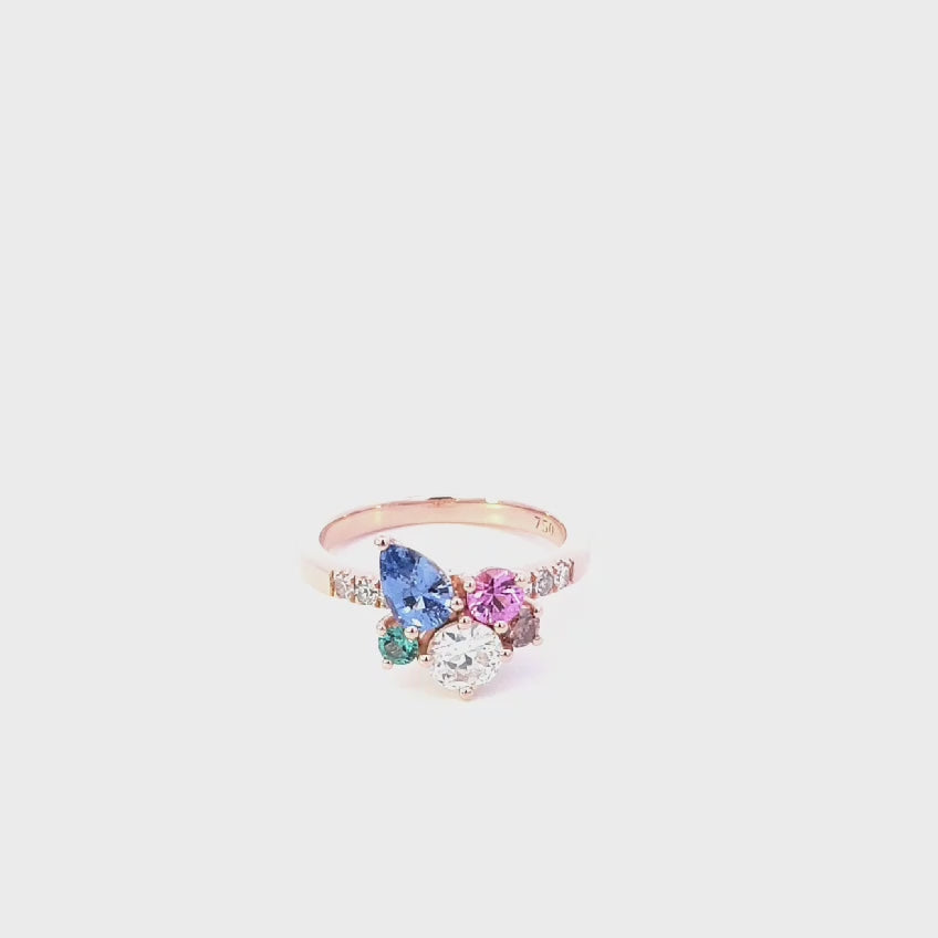 Rose Gold Cluster design with Argyle Champagne Diamond, White Diamonds, Pink Sapphire, Blue Sapphire, Green Tourmaline Ring